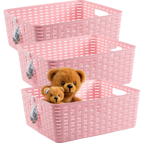 Opbergmand - 3x - Kastmand - rotan kunststof - roze - 12 Liter - 30 x 37 x 13 cm -
