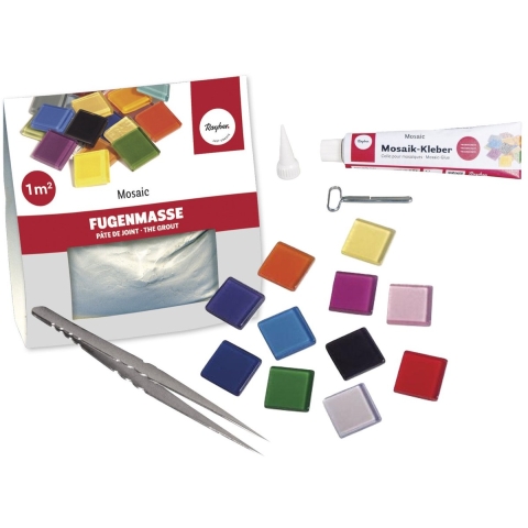 Emmer mozaiek steentjes 1 x 1 cm - vierkant - kleuren mix - 1025x stuks - met lijm en voegmiddel -