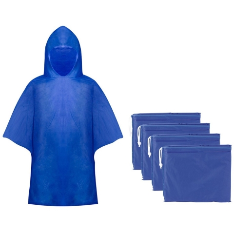 Kinder regen poncho - 10x - pvc - blauw - in zakje - vanaf 4 jaar - noodponcho met capuchon One size -