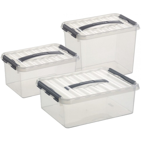Sunware Q-Line opberg boxen set - 3 maten - 6-9-12 liter - kunststof - transparant/grijs -