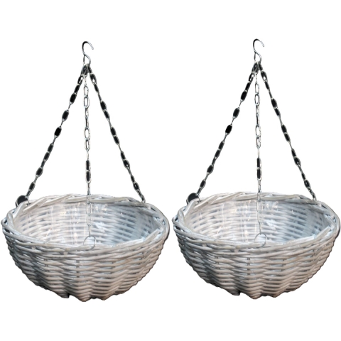 Hangmand - 2x - wit - D40 cm - wilg gevlochten - hangende plantenbak - aan ketting - plantenmand -