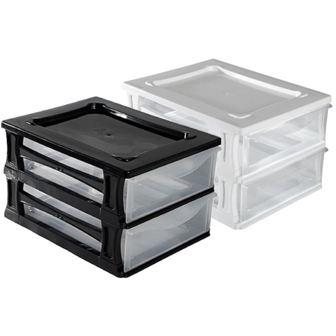 2x een Ladeblokje met 2 grote lades - wit en zwart - L26 x B35 x H20 cm - kunststof -