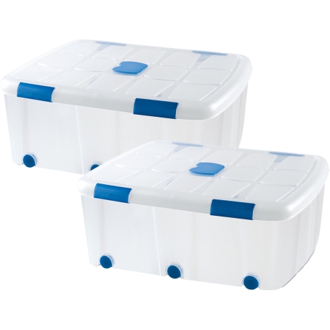 Plasticforte Opslagbak/box met deksel - 2x - 100L - 80 x 60 x 33 cm - transparant - met wielen -