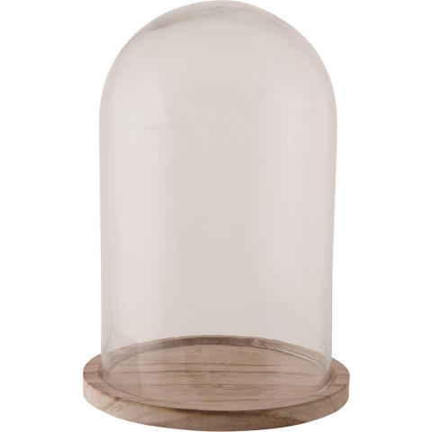 Glazen decoratie stolp op houten plateau - D17 x H25 cm - Home Deco stolpen - Woonaccessoires -