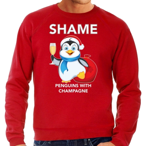 Pinguin Kersttrui / outfit Shame penguins with champagne rood voor heren S -