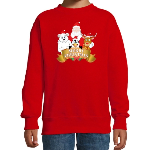 Kersttrui met de kerstman en zijn vriendjes rood kinderen 3-4 jaar (98/104) -