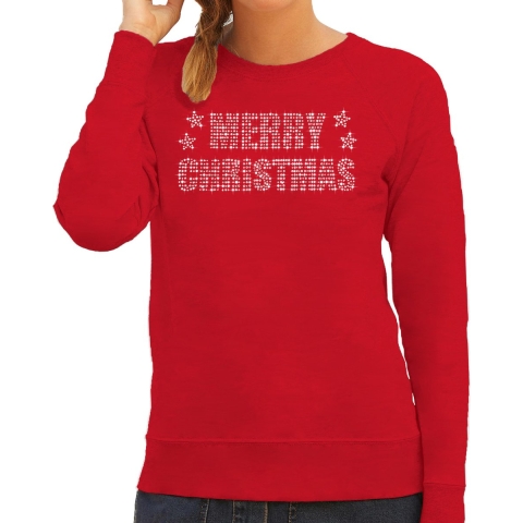Glitter foute kersttrui rood Merry Christmas glitter steentjes voor dames - Glitter kerst outfit 2XL -
