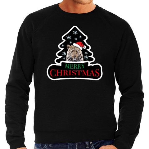 Dieren kersttrui luipaard zwart heren - Foute luipaarden kerstsweater S -