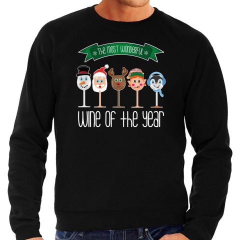 Foute Kersttrui/sweater voor heren - Kerst wijn glazen - zwart - drank/wine M -