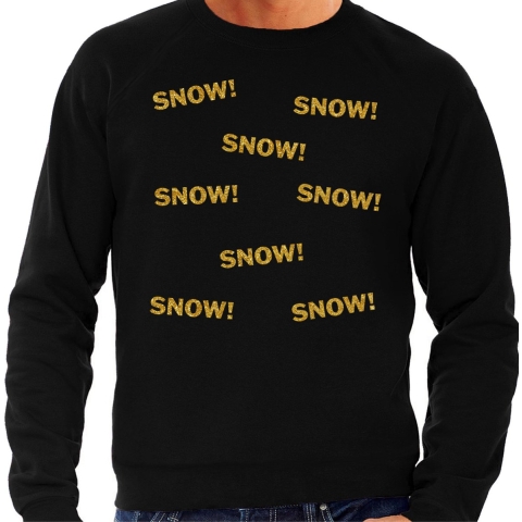 Apres ski sweater heren - SNOW! - zwart - glitter goud - wintersport - skieen/snowboarden L -