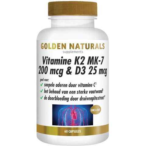 Gratis Verzending: 2x Golden Naturals Vitamine K2 200 mcg&D3 25mcg 60 vegacapsules