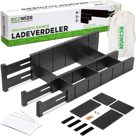 Ecowize Luxe Lade Organizer - Verstelbare Bamboe Ladeverdeler - Uitschuifbaar van 43cm tot 56cm - Set van 4 (4 stuks)