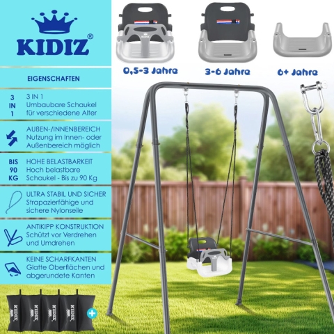 Babyschommel met frame 3-in-1– hoogte 155 cm – binnen en buiten – schommel met metalen frame – grij