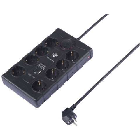 Sygonix SY-4751202 Overspanningsveilige stekkerdoos 8-voudig Zwart Randaarde stekker 1 stuk(s)