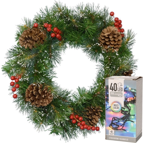 Kerstkrans met versiering en sneeuw 50 cm incl. verlichting gekleurd 4m -