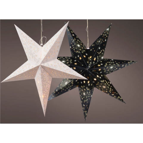 Verlichte kerststerren - 2x st - wit en zwart - 60 cm - papier - op batterijen -
