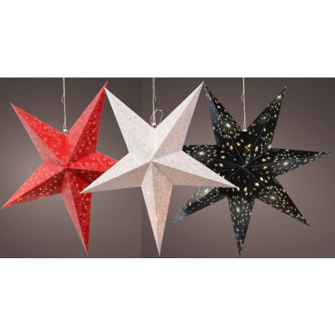 Verlichte kerststerren - 3x st - rood, wit en zwart - 60 cm - papier - op batterijen -