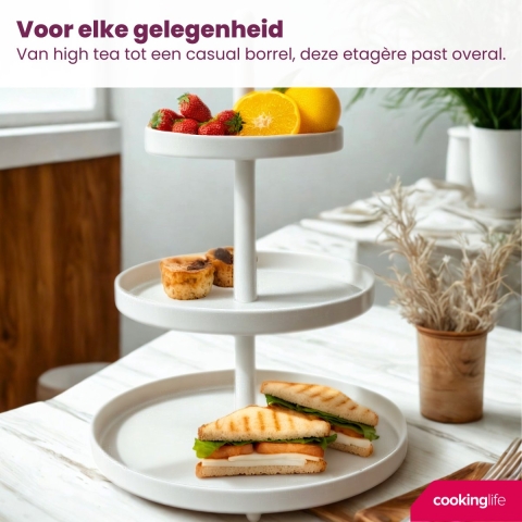 Cookinglife Etagère metaal wit ø 20, 25 & 30 cm - 3-laags - 55 cm hoog