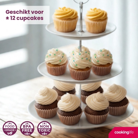 Cookinglife Etagère / serveertoren Food for Fun ø 16, 21 & 26 cm - 3-laags - 34 cm hoog