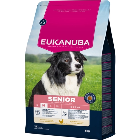 3x Eukanuba Life Care Dog Senior Medium Hondenvoer Chicken 3 kg