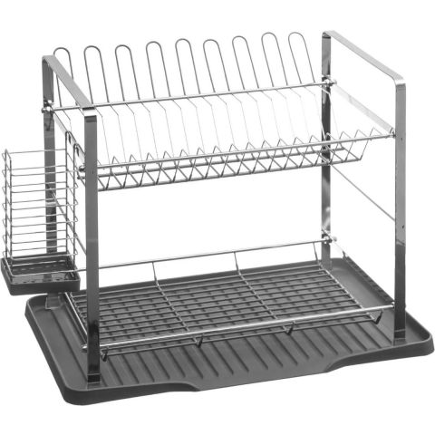5Five Luxe afdruiprek/afwasrek - 2-laags - lekbak - verwijderbare bestekbak - grijs - 50 x 30 x 34cm -