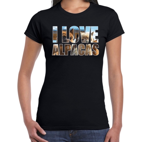 Tekst t-shirt I love alpacas met dieren foto van een alpaca zwart voor dames L -