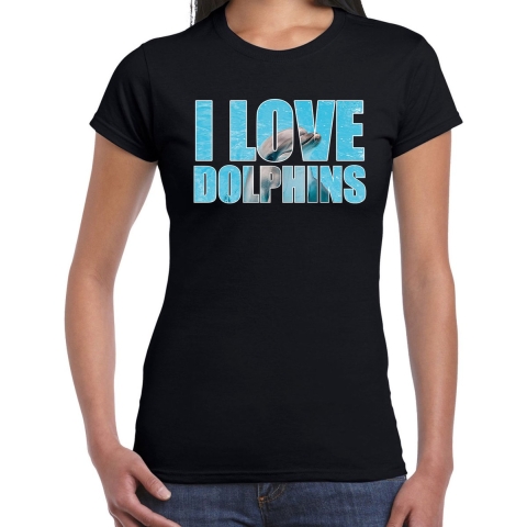 Tekst t-shirt I love dolphins met dieren foto van een dolfijn zwart voor dames M -