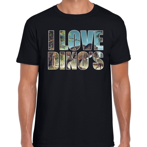 Tekst t-shirt I love dinosaurs met dieren foto van een dino zwart voor heren S -