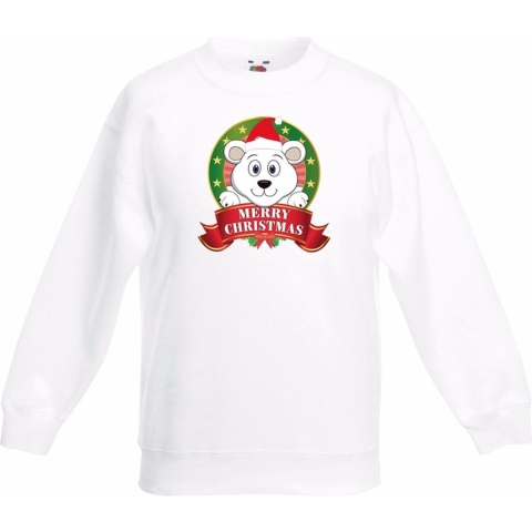 Witte Kerst sweater kinderen met een ijsbeer 12-13 jaar (152/164) -