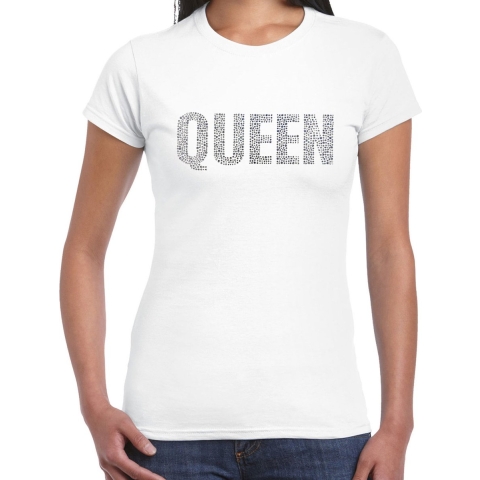 Glitter Queen t-shirt wit rhinestones steentjes voor dames - Glitter shirt/ outfit S -