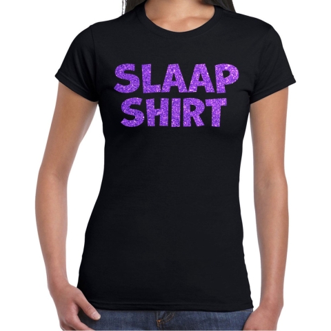 Verkleed T-shirt voor dames - slaap shirt - zwart - glitter paars - themafeest XS -