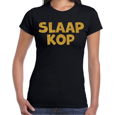 Verkleed T-shirt voor dames - slaapkop - zwart - glitter goud - themafeest XL -