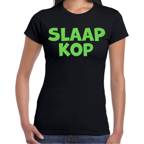 Verkleed T-shirt voor dames - slaapkop - zwart - glitter groen - themafeest L -