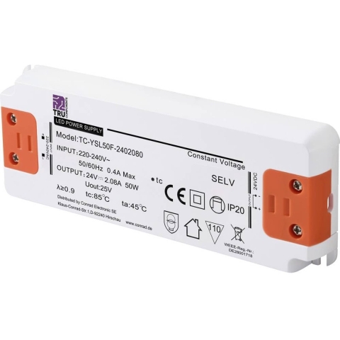 TRU COMPONENTS TC-YSL50F-2402080 LED-transformator Constante spanning 50 W 2.08 A 24 V/DC Geschikt voor meubels, Overspanning, Montage op ontvlambare