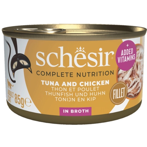 Schesir tonijn en kip (in bouillon) natvoer kat (blikjes) 1 tray (12 x 85 g)