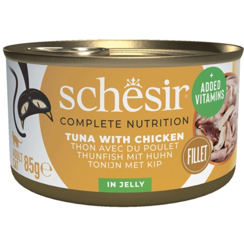 Schesir tonijn met kip (jelly) natvoer kat (blikjes) 2 trays (24 x 85 g)