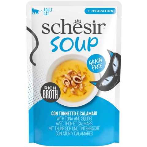 Schesir Cat Soup met tonijn en inktvis natvoer kat (zakjes) 4 dozen (48 x 40g)