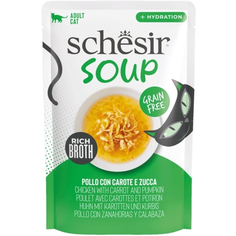 Schesir Cat Soup kip met wortel en pompoen natvoer kat (zakjes) 4 dozen (48 x 40g)