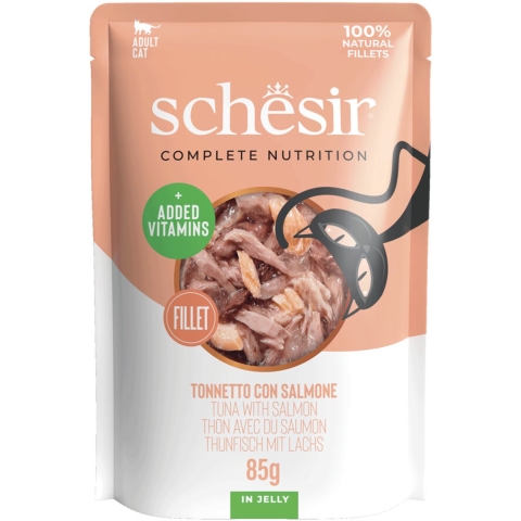 Schesir tonijn met zalm (jelly) natvoer kat (zakjes) 2 dozen (24 x 85 g)