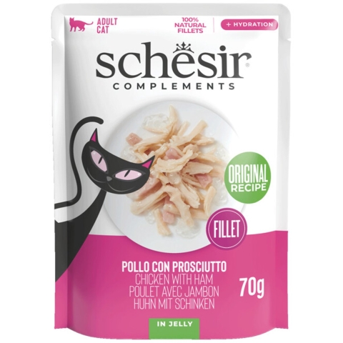 Schesir kip met ham (jelly) natvoer kat (zakjes) 2 dozen (24 x 70 g)