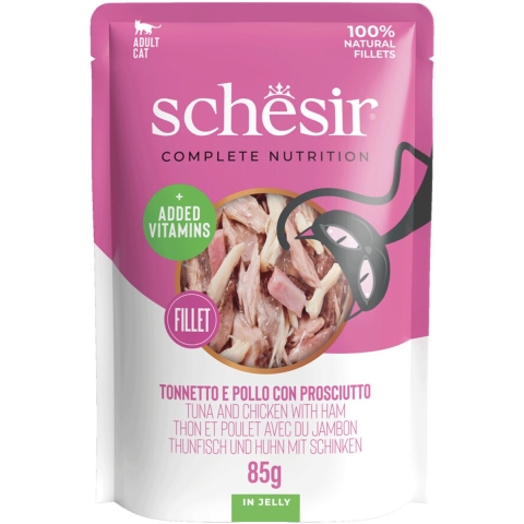 12x Schesir Kattenvoer Tonijn - Kip - Ham in Gelei 85 gr