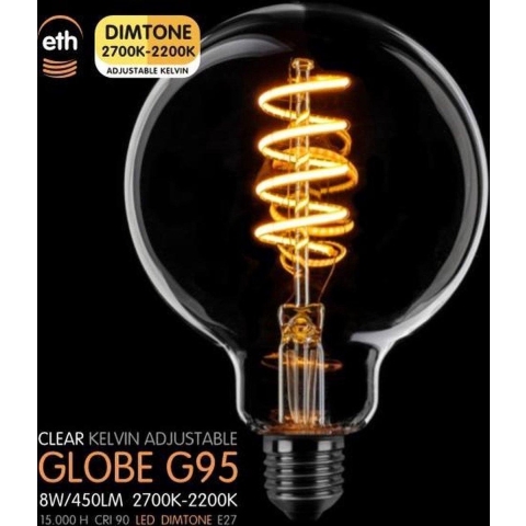 ETH LED Spiral Globe - Ø 9,5 cm - E27 - dimtone - 6W - 2700K tot 2200K - transparant