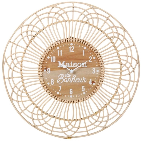 Ostaria Wandklok/muur klok - Ibiza stijl - D50 cm - rotan - naturel - keuken/kamer -