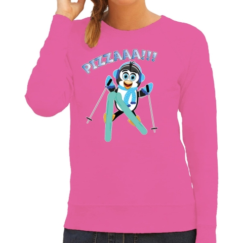 Apres ski sweater dames - pizzaaa - roze - wintersport - snowboarden - pinguin - pizzapunt S -