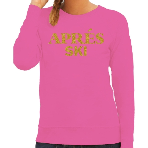 Apres ski sweater dames - Apres ski - roze - glitter goud - wintersport - skieen/snowboarden XL -
