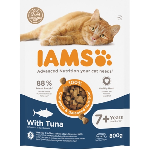 4x IAMS Cat Senior 7+ Kattenvoer Tuna 800 gr