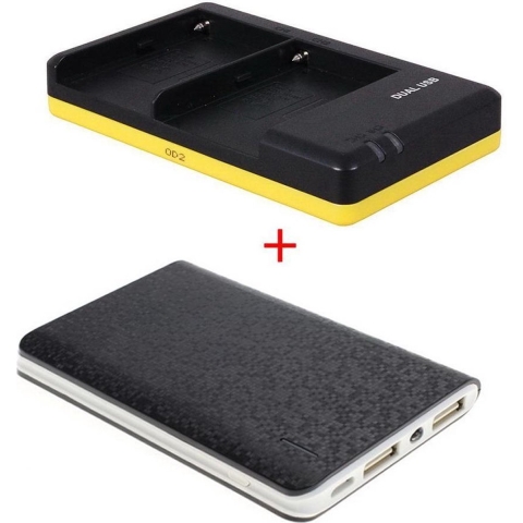 Powerpakket Deluxe: NP-FM50 duo oplader + 5000mAh Powerbank voor 2 Sony accu's NP-FM30 / NP-FM50