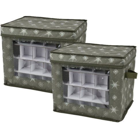 Kerstballen opbergbox - 2x - groen - 41 x 31 x 32 cm - polyester - opbergdoos kerstdecoratie -