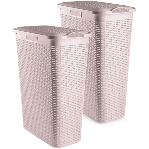 Smalle Wasmand met deksel Rotan - 2x - roze - gevlochten kunststof - 48 liter - 27 x 46 x 60 cm -