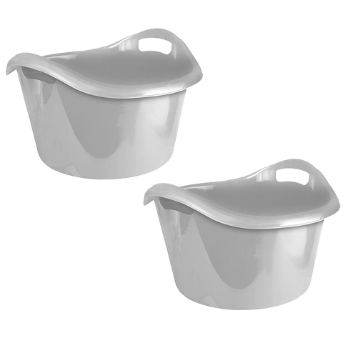 Grote teil/afwasbak/kuip - 2x - kunststof - rond - handvatten - 54 x 32 cm - 38 liter - zilvergrijs -